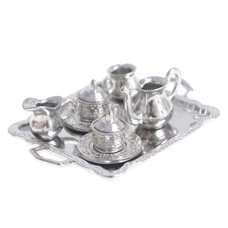 Coffee Tea And Sugar Set - 10 ชิ้น/เซ็ต 1/12 Dollhouse Miniature โลหะเงินชากาแฟถาดชุดบนโต๊ะอาหารสําหรับตุ๊กตา