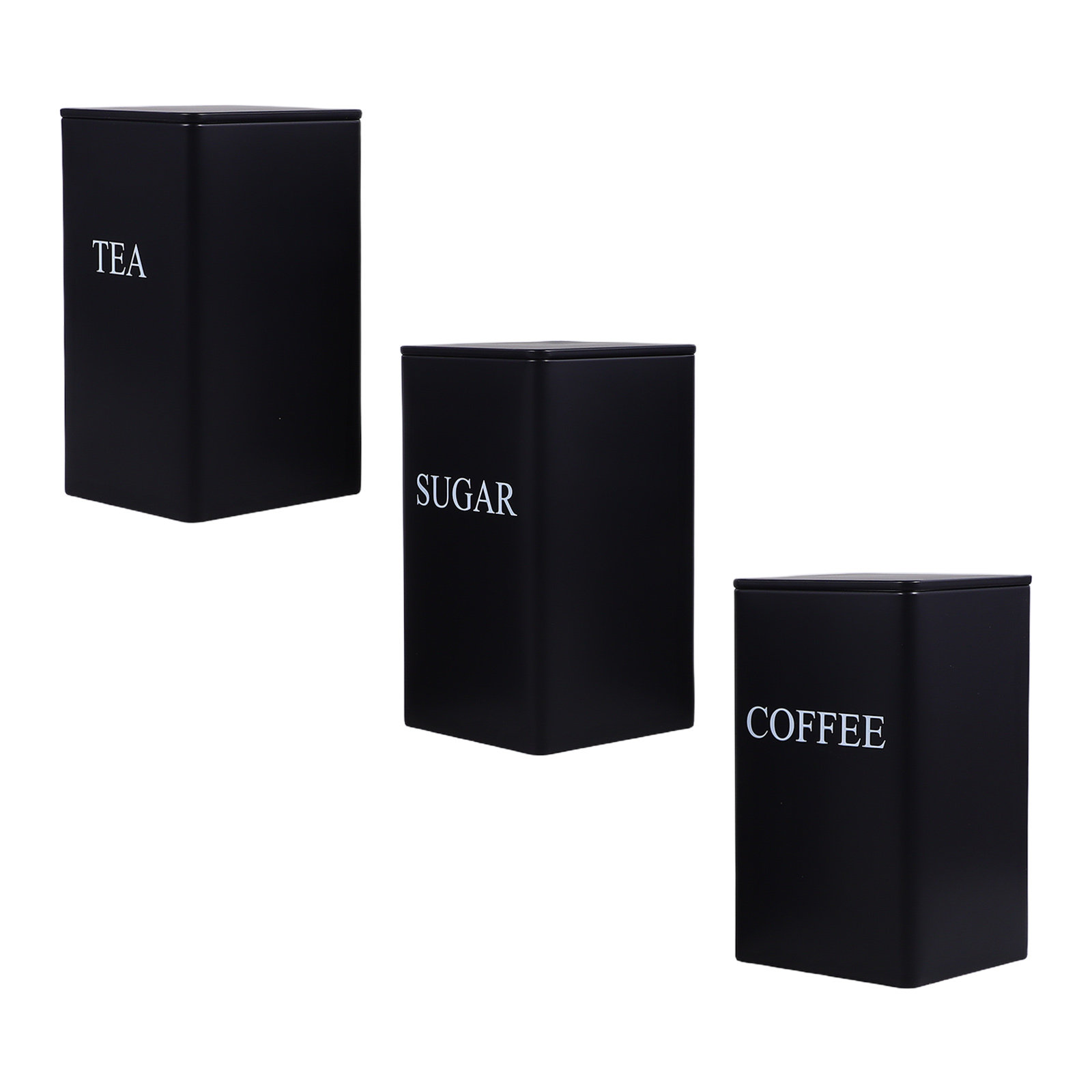 Coffee Tea Sugar - ชุดกระปุกเก็บของในครัว 3 ชิ้น โลหะสีดำ ทรงสี่เหลี่ยม ปิดสนิท