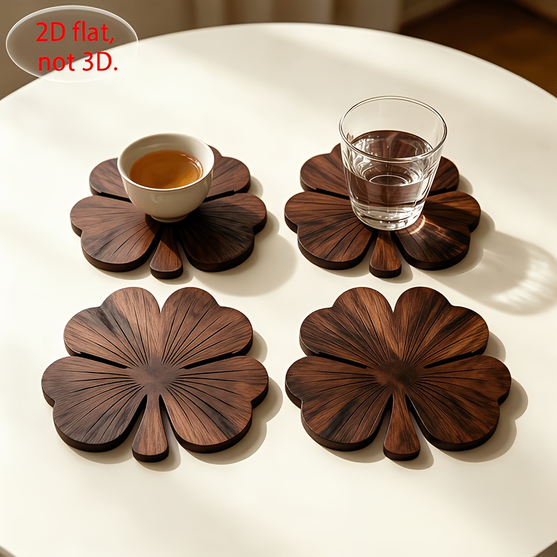 Coffee Tea And Sugar Set - ชุดที่รองแก้วไม้รูปใบโคลเวอร์ 2D จำนวน 4 ชิ้น สีวอลนัท