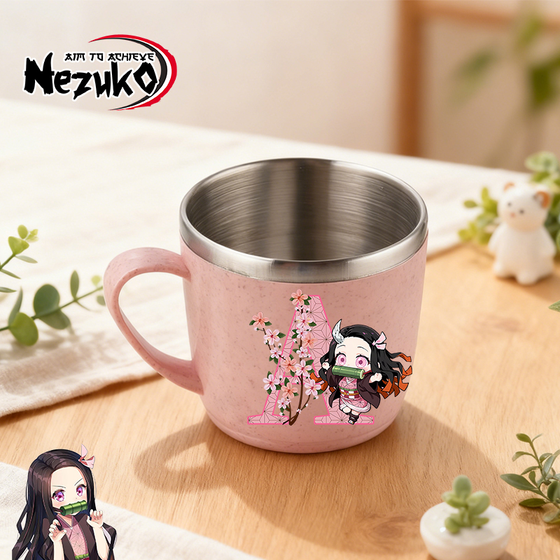 Coffee Tea Name - แก้วน้ำสแตนเลส Demon Slayer สำหรับผู้ชายและผู้หญิง ลายพิมพ์ตัวอักษรเนซึโกะ แก้วเก็บความร้อนสองชั้นสำหรับนม